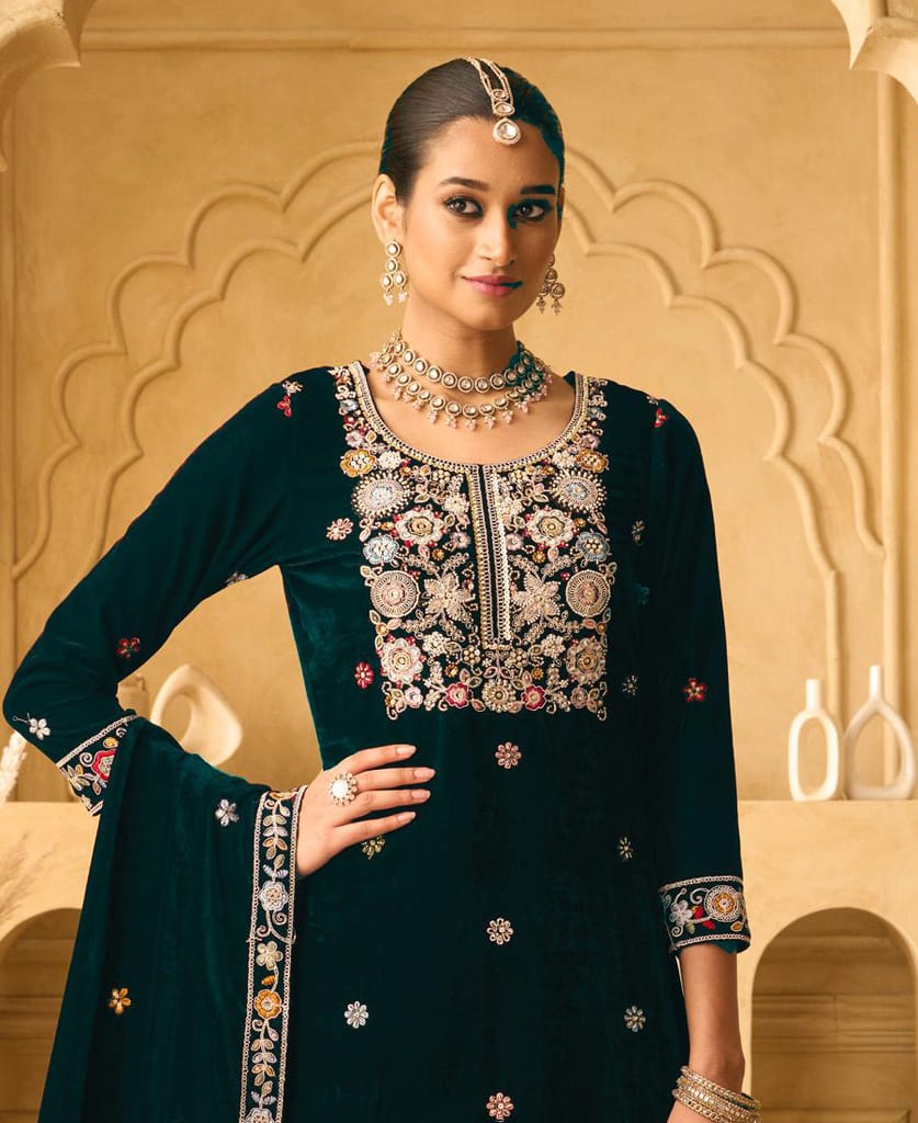 purple heavy velvet straight suit for women hand crafted