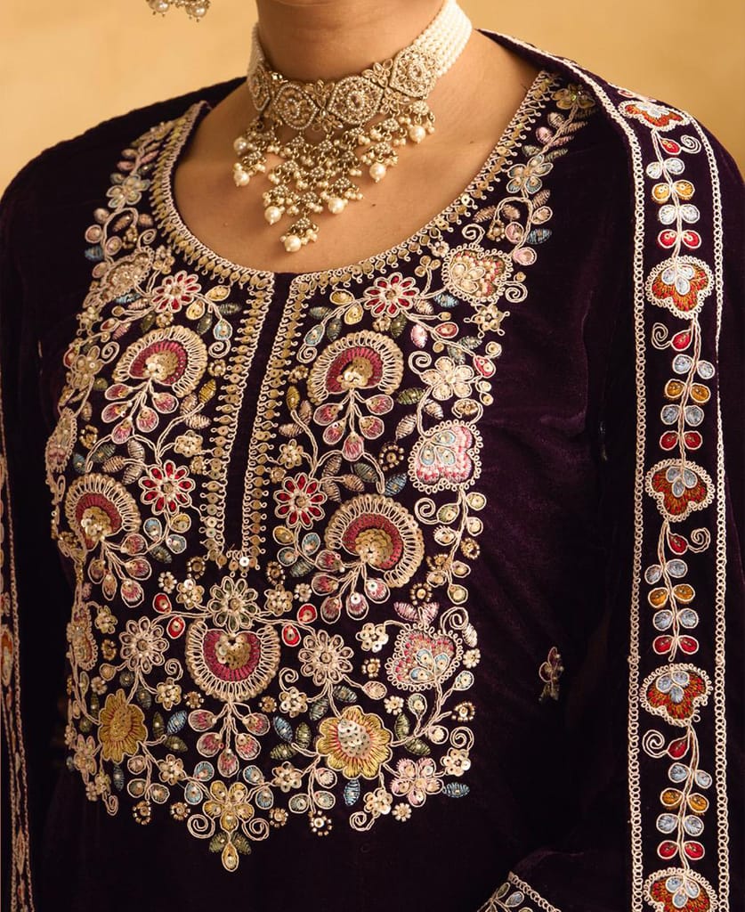 designer hand worked velvet wine palazzo suit