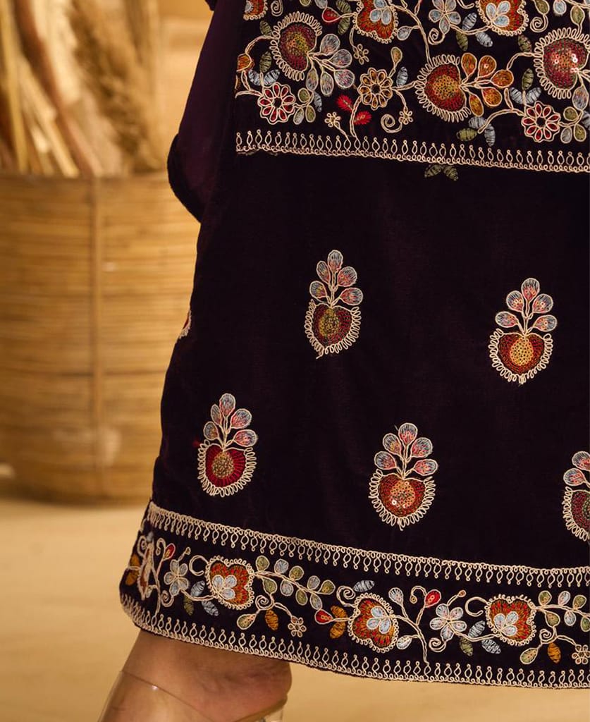 designer hand worked velvet wine palazzo suit