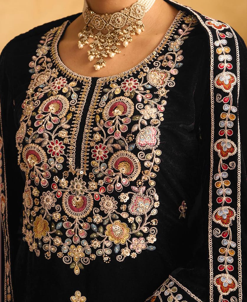 designer hand worked velvet wine palazzo suit