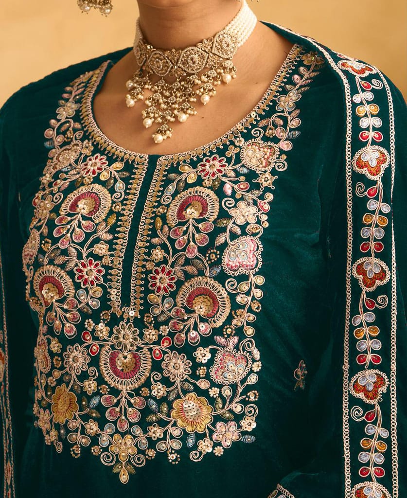 designer hand worked velvet wine palazzo suit