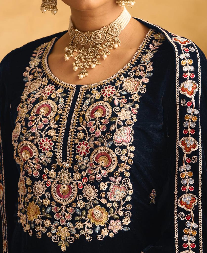 designer hand worked velvet wine palazzo suit