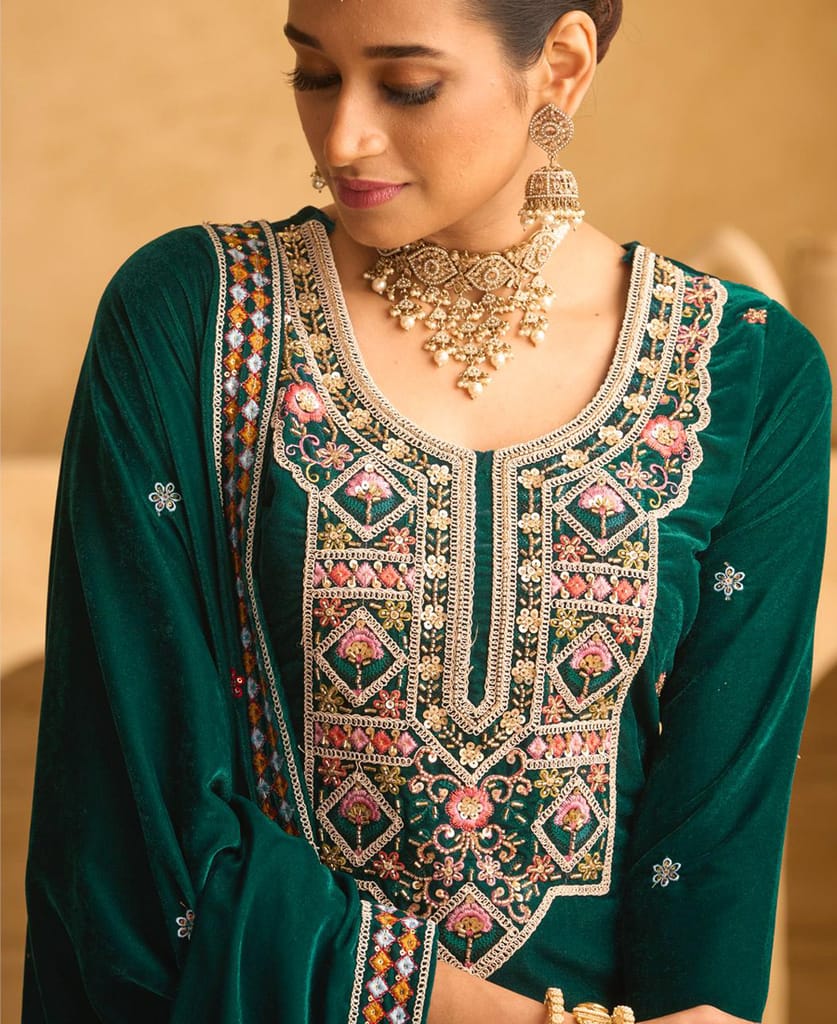 traditional green velvet straight suit for women wedding wear