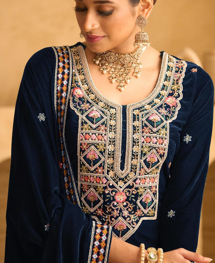 traditional green velvet straight suit for women wedding wear