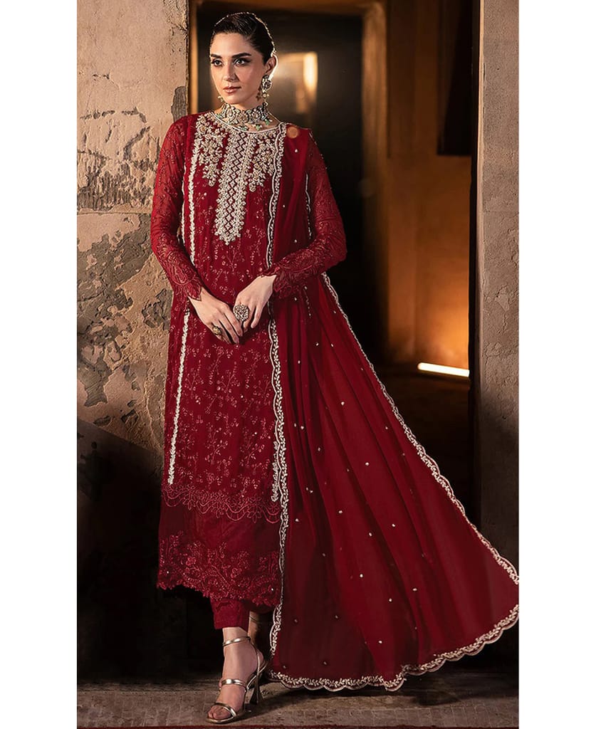 fancy long red georgette Pakistani straight suit for women
