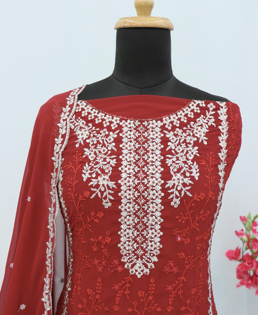 fancy long red georgette Pakistani straight suit for women