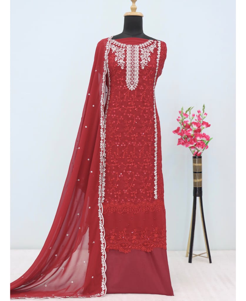 fancy long red georgette Pakistani straight suit for women