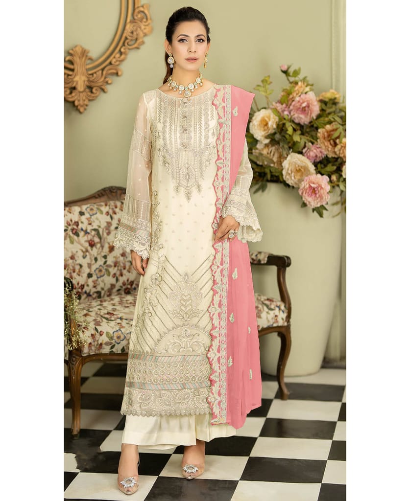 white georgette knee length Pakistani straight suit for women