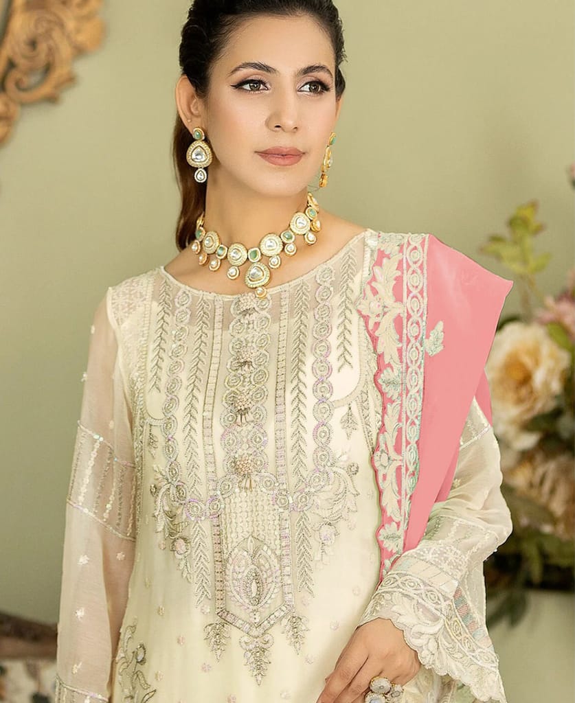 white georgette knee length Pakistani straight suit for women