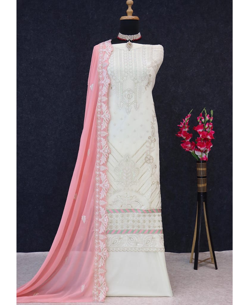white georgette knee length Pakistani straight suit for women