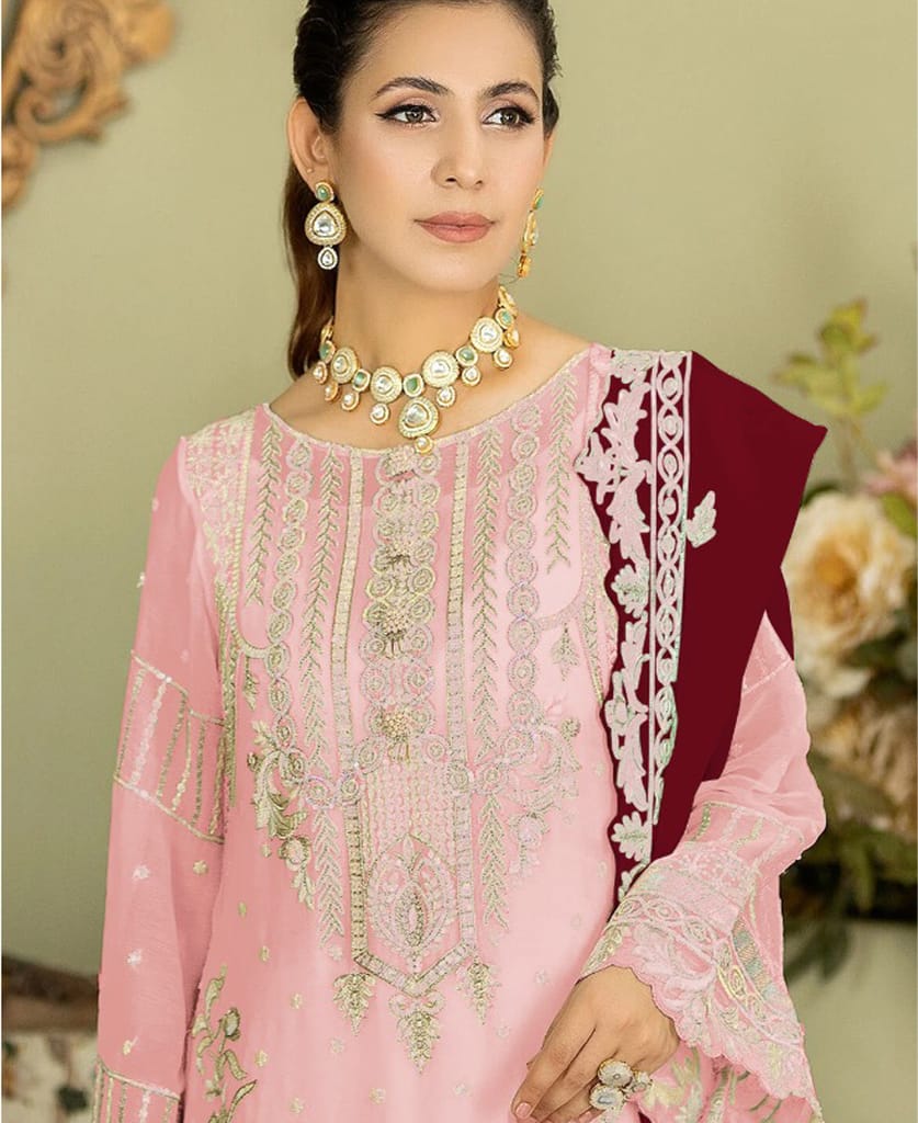 white georgette knee length Pakistani straight suit for women