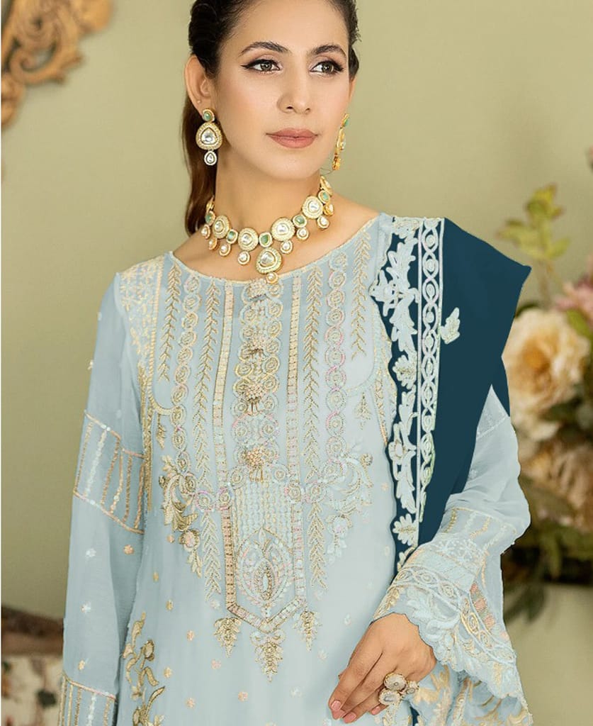 white georgette knee length Pakistani straight suit for women