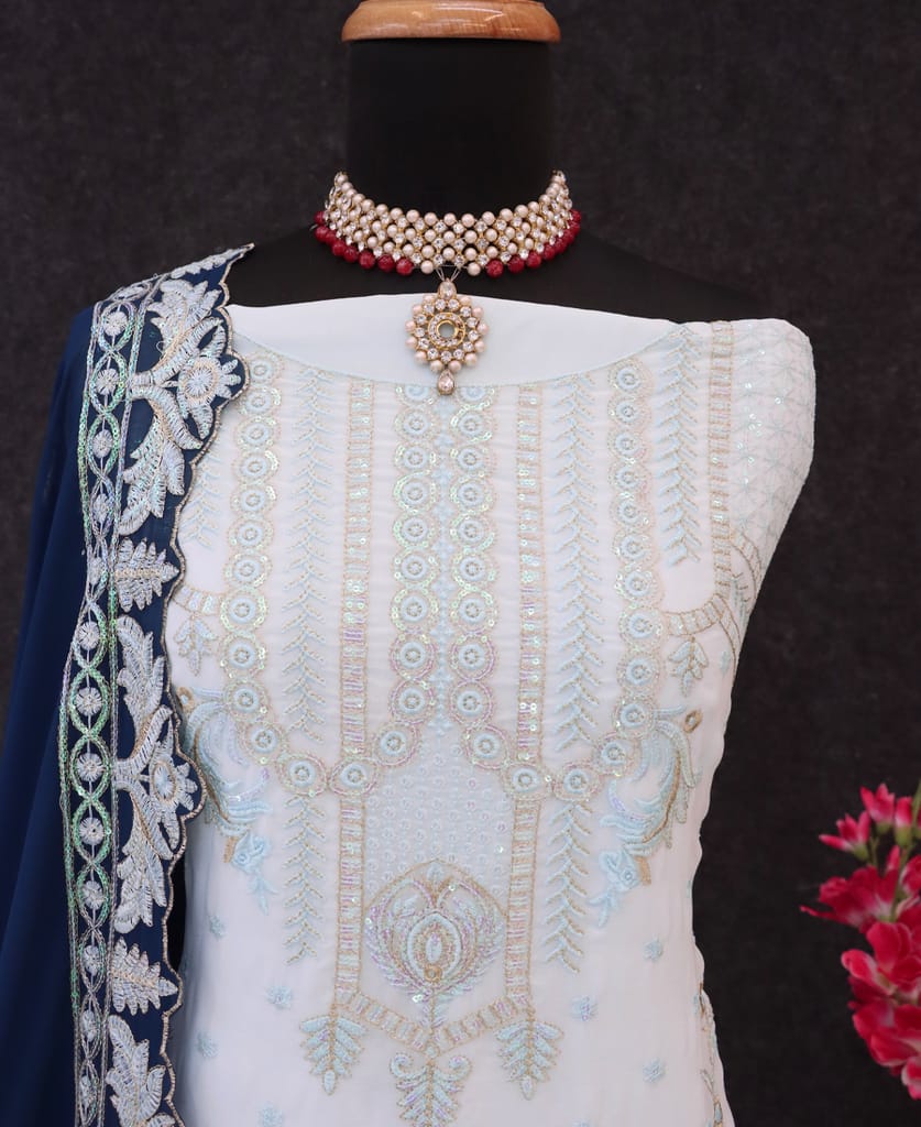 white georgette knee length Pakistani straight suit for women