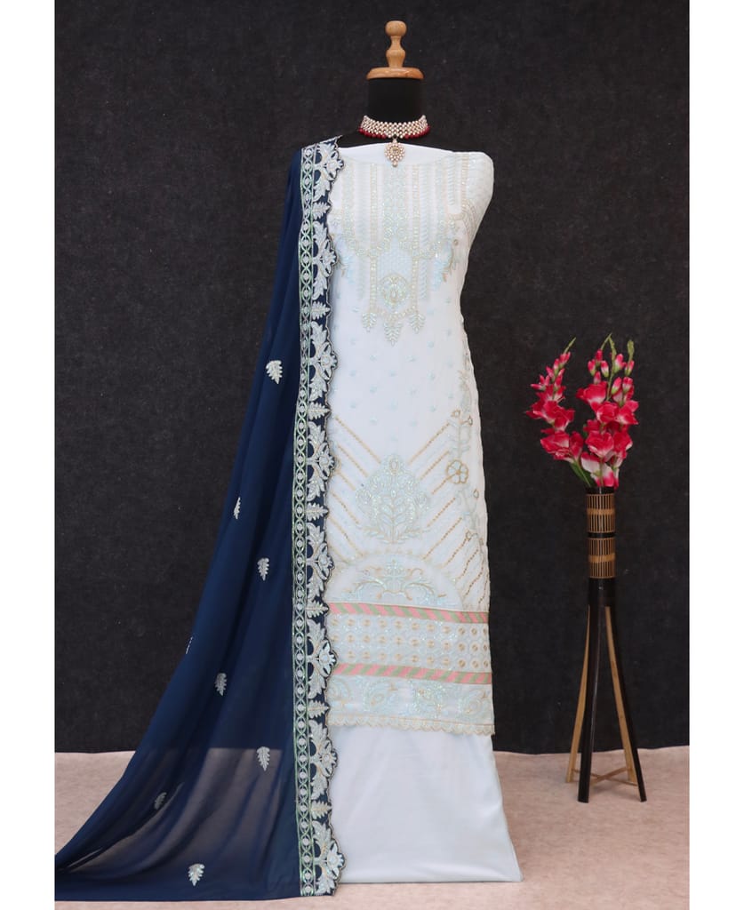 white georgette knee length Pakistani straight suit for women