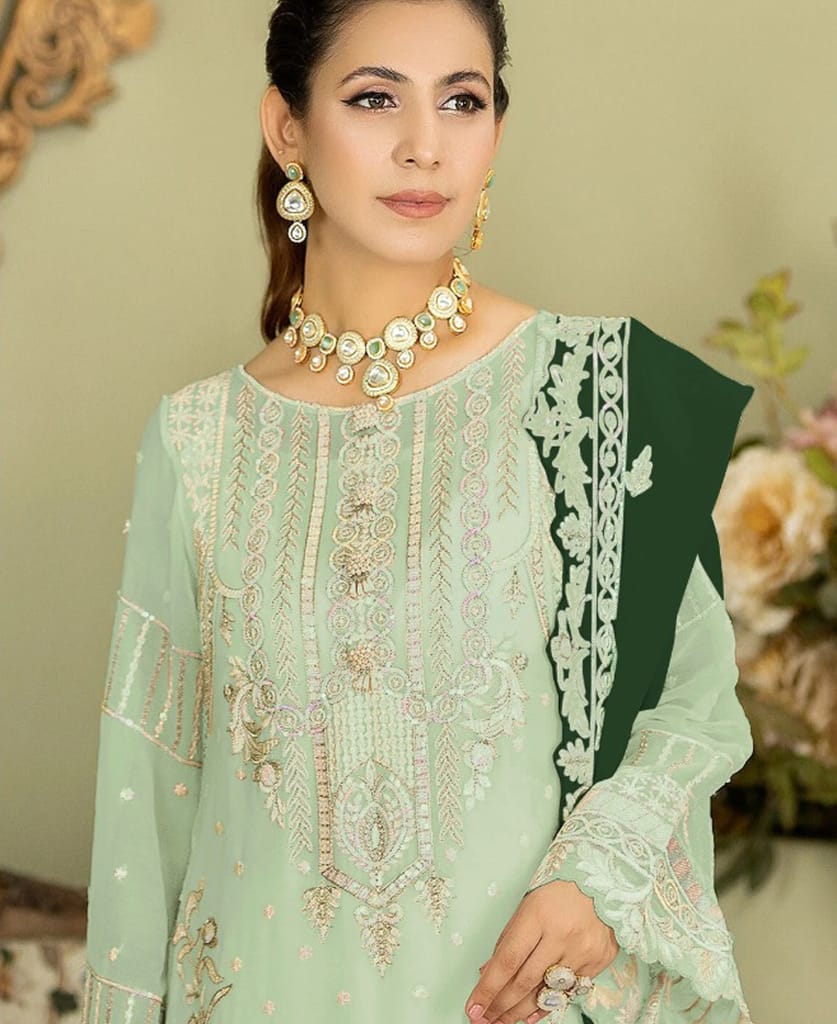 white georgette knee length Pakistani straight suit for women