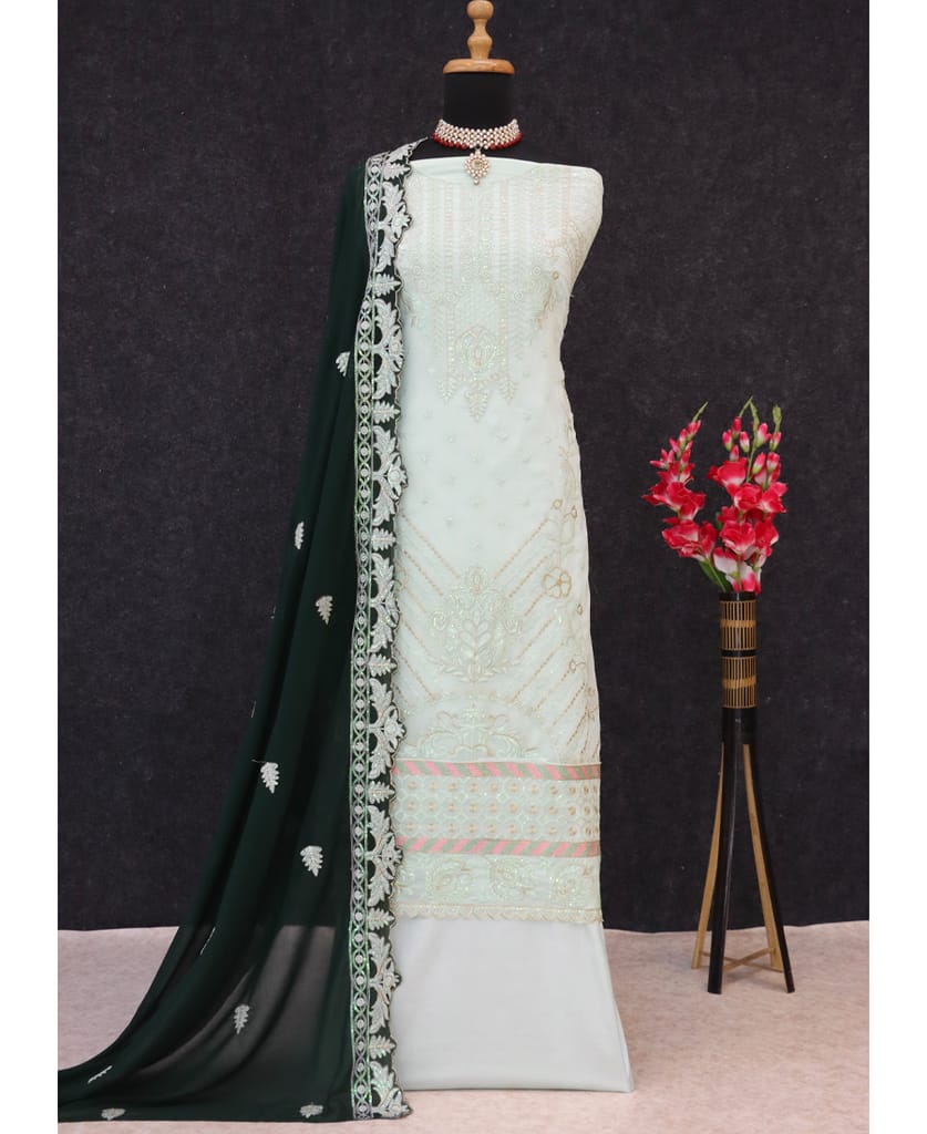 white georgette knee length Pakistani straight suit for women