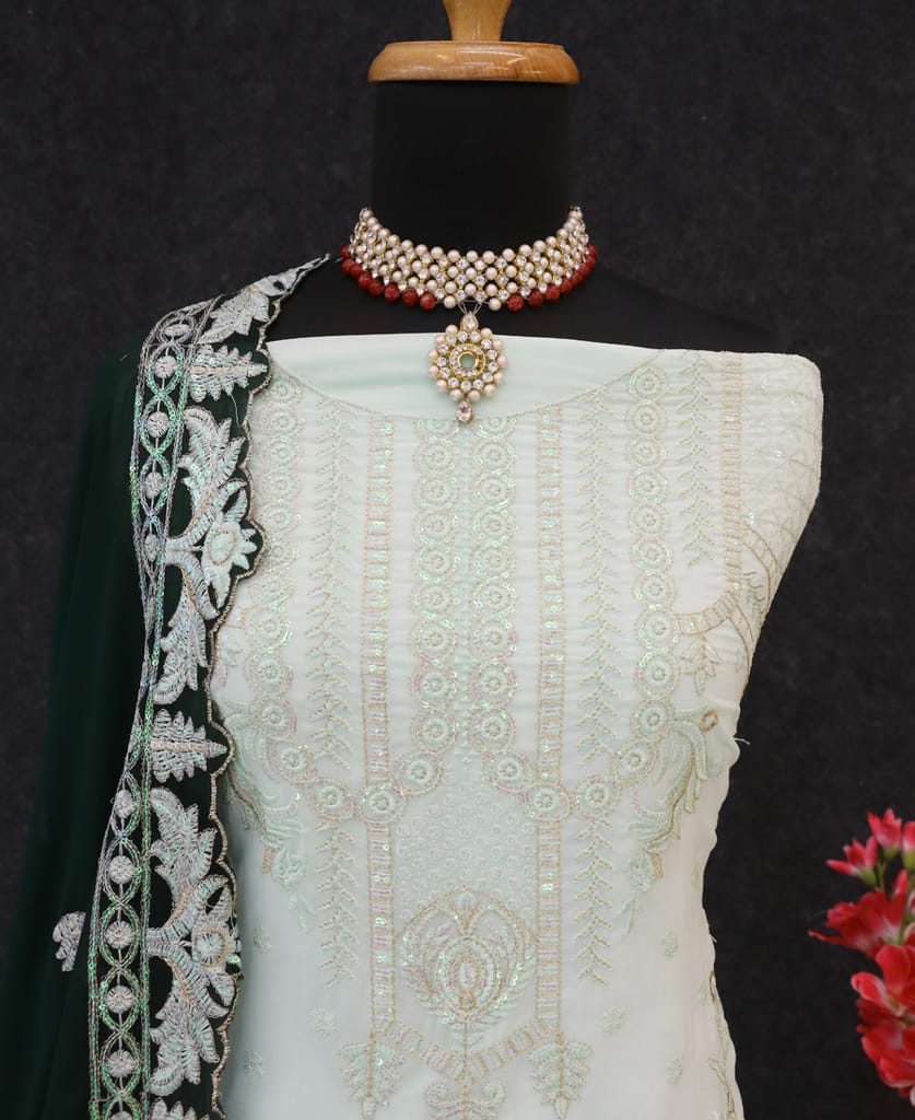 white georgette knee length Pakistani straight suit for women