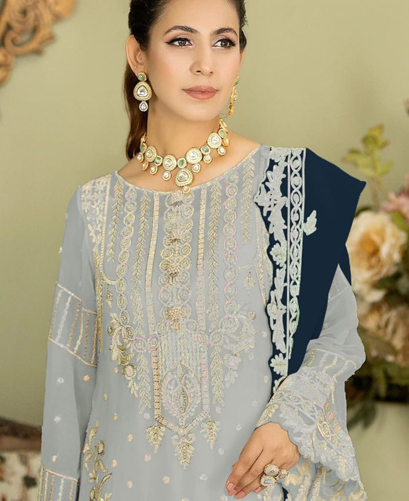 white georgette knee length Pakistani straight suit for women