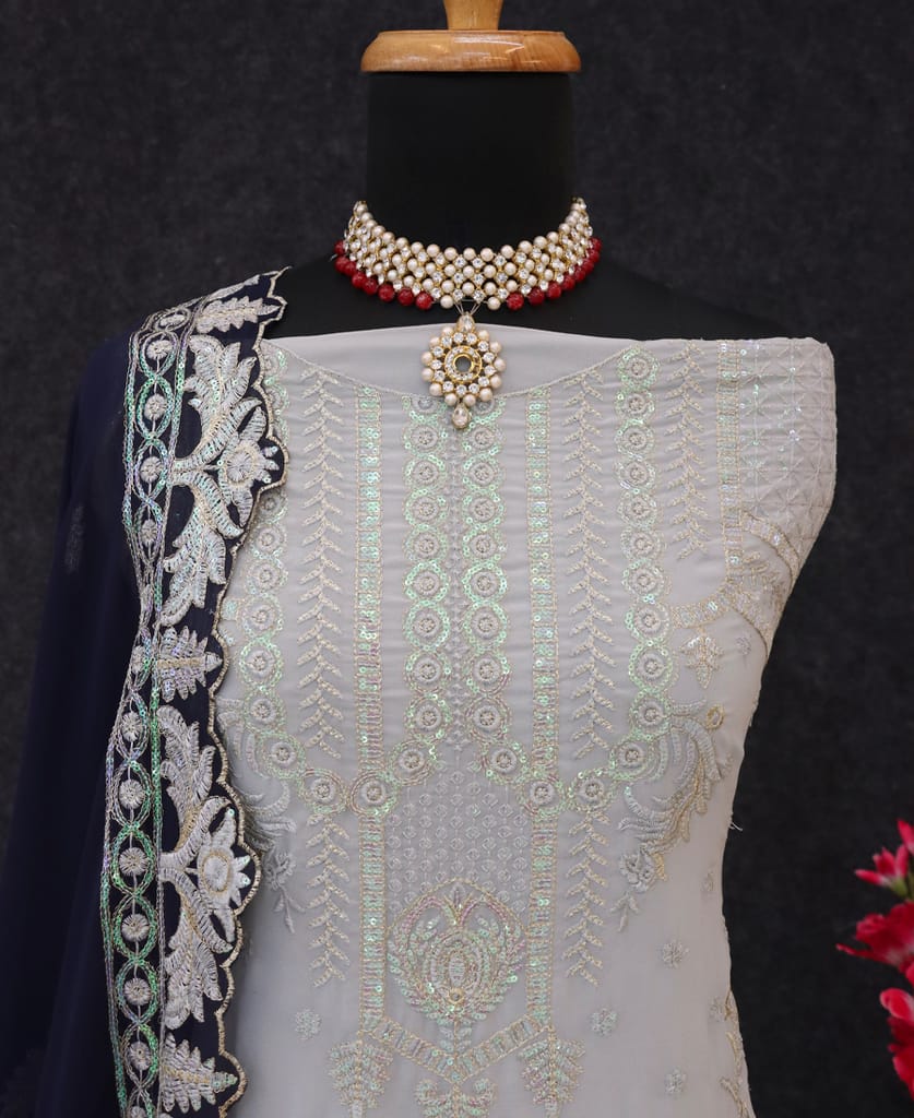 white georgette knee length Pakistani straight suit for women