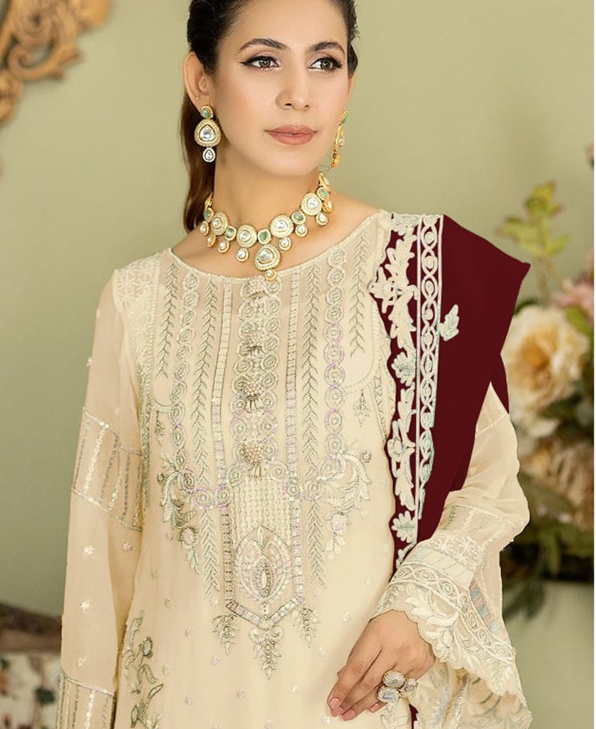 white georgette knee length Pakistani straight suit for women