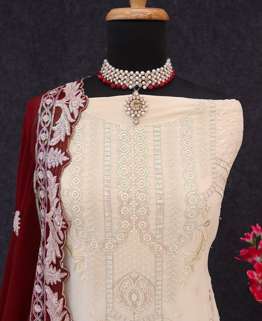 white georgette knee length Pakistani straight suit for women