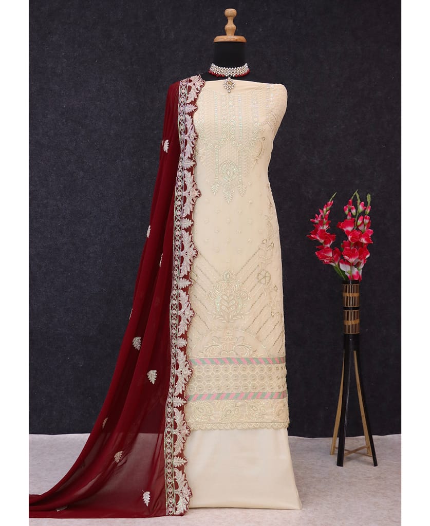 white georgette knee length Pakistani straight suit for women