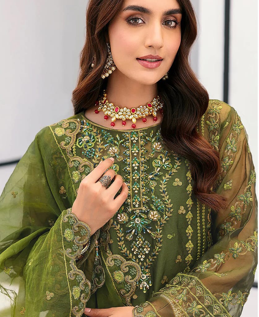 elegant green organza Pakistani suit for women