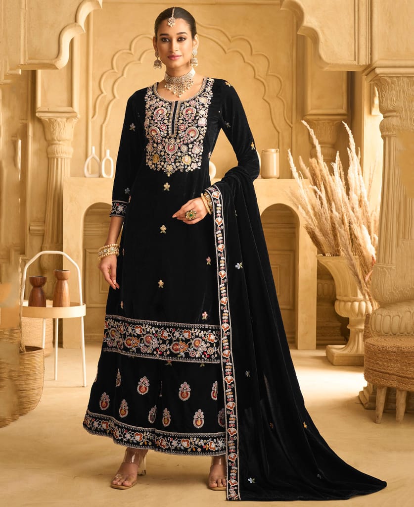 designer hand worked velvet wine palazzo suit