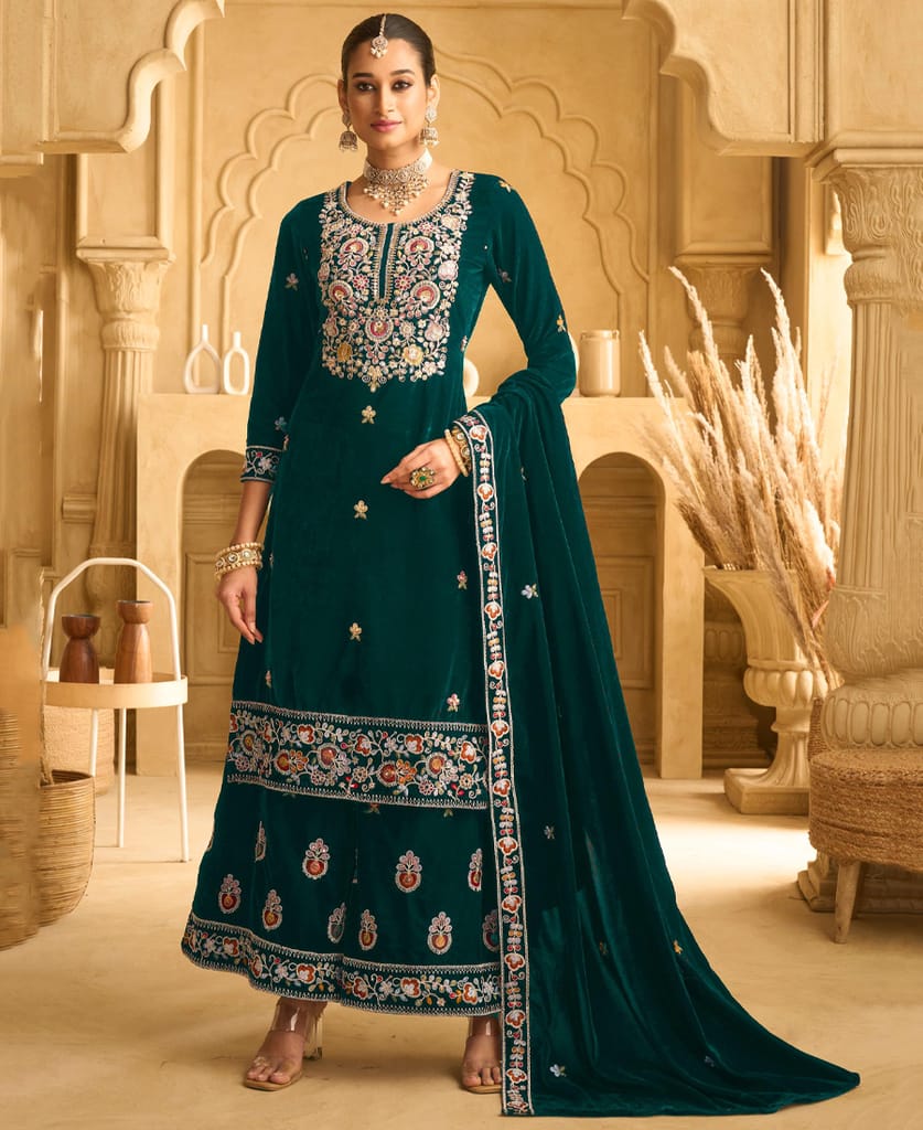 designer hand worked velvet wine palazzo suit