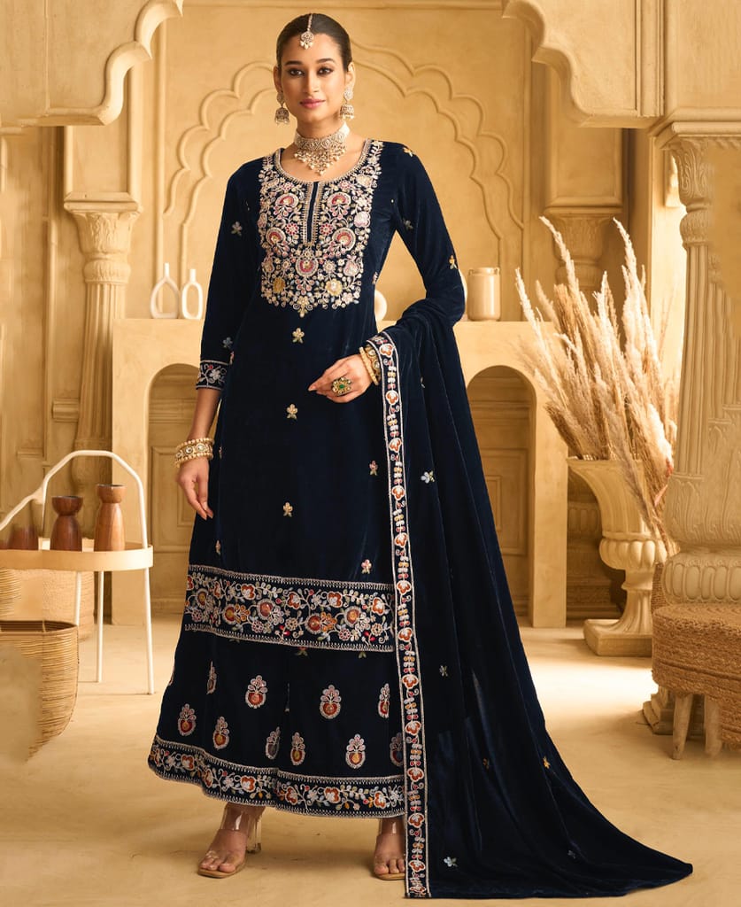 designer hand worked velvet wine palazzo suit