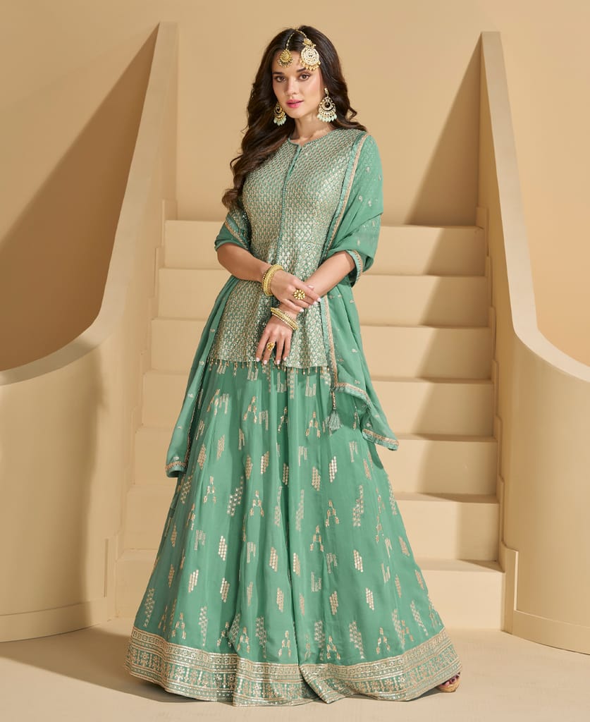 pista green georgette sharara suit for women ethnic wear