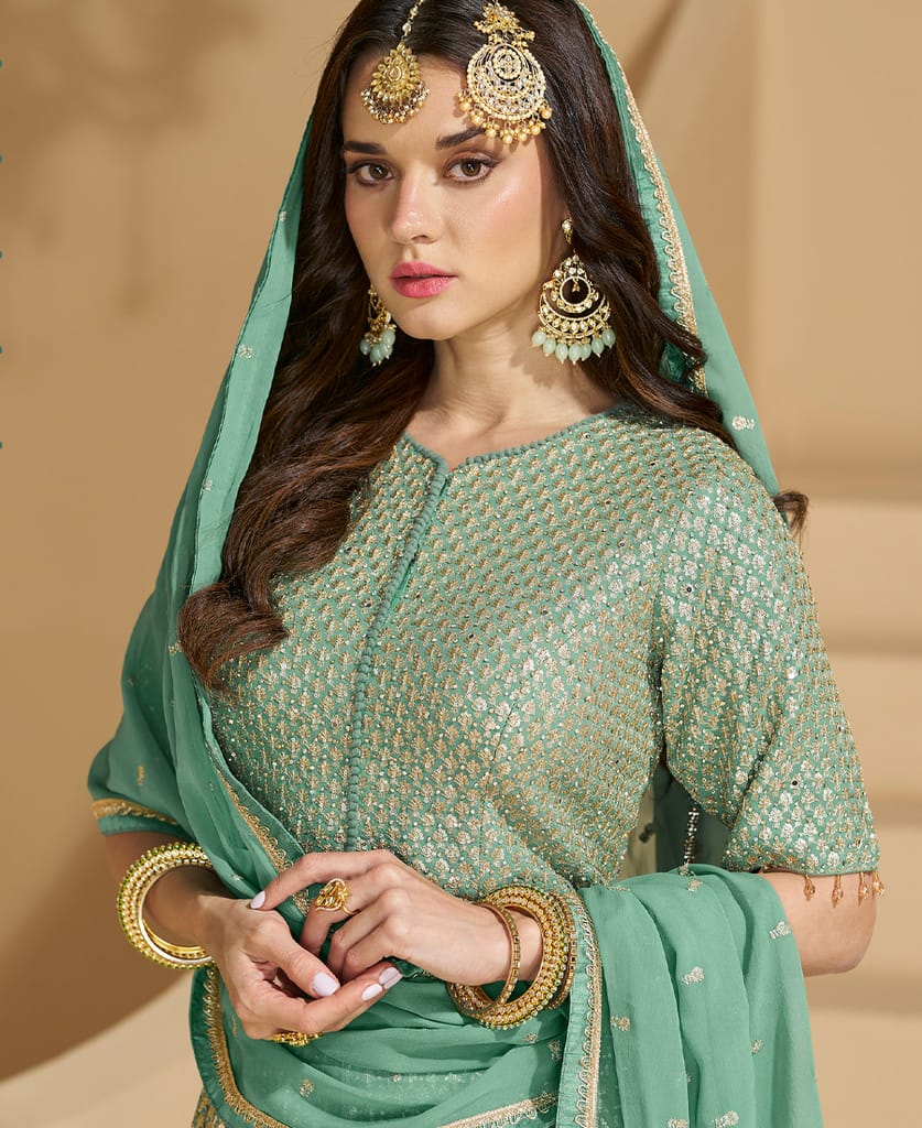 pista green georgette sharara suit for women ethnic wear