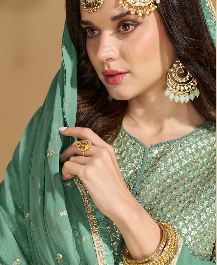 pista green georgette sharara suit for women ethnic wear