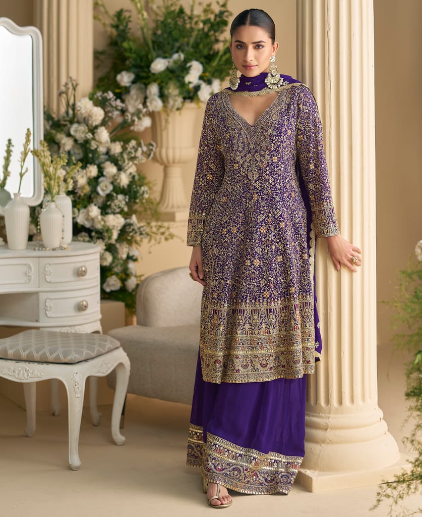 heavy wedding wear purple georgette peplum style suit for women