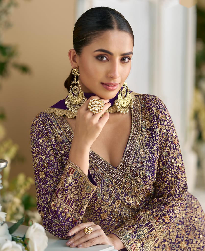 heavy wedding wear purple georgette peplum style suit for women