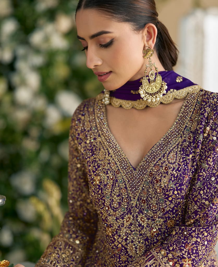 heavy wedding wear purple georgette peplum style suit for women