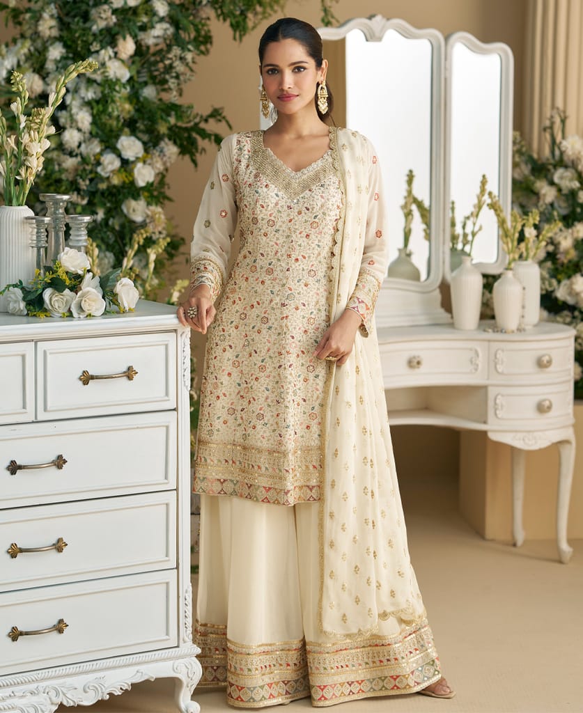 heavy wedding wear white georgette peplum style suit for women