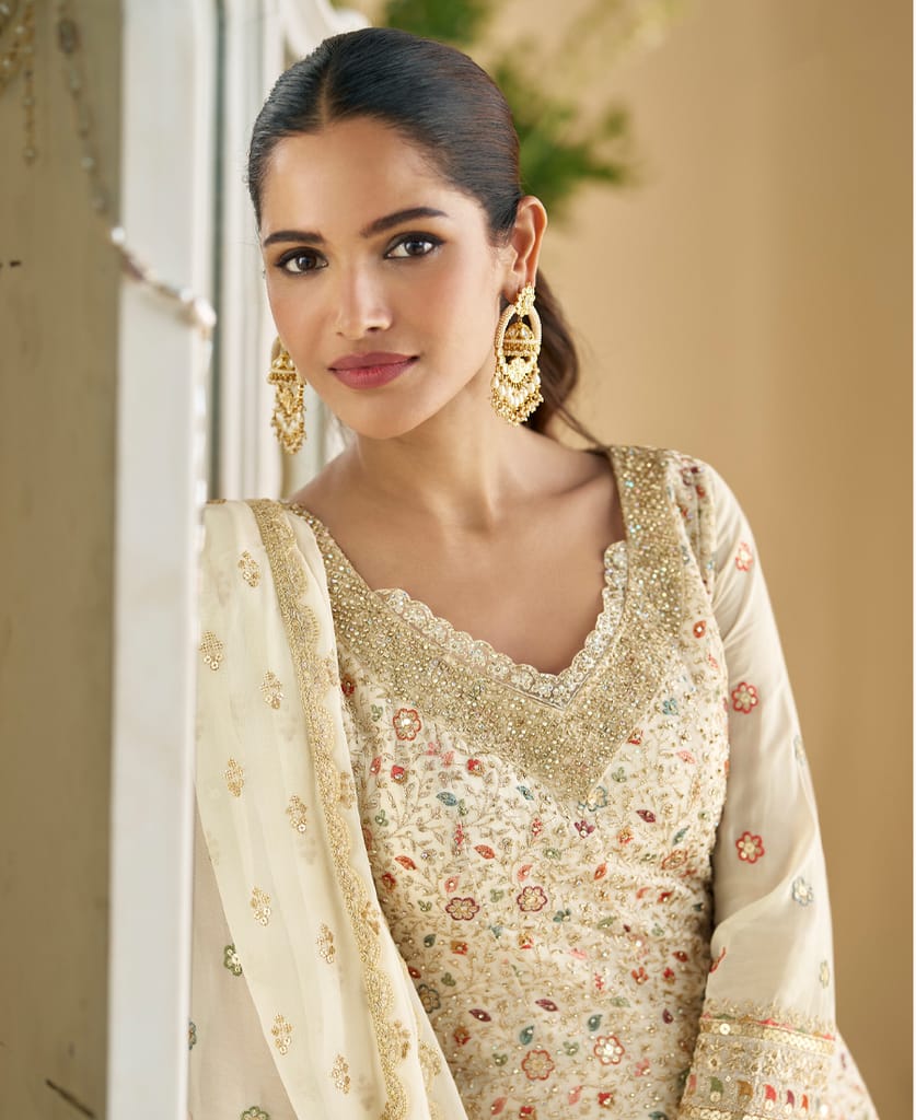 heavy wedding wear white georgette peplum style suit for women