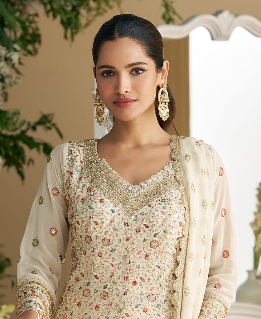 heavy wedding wear white georgette peplum style suit for women