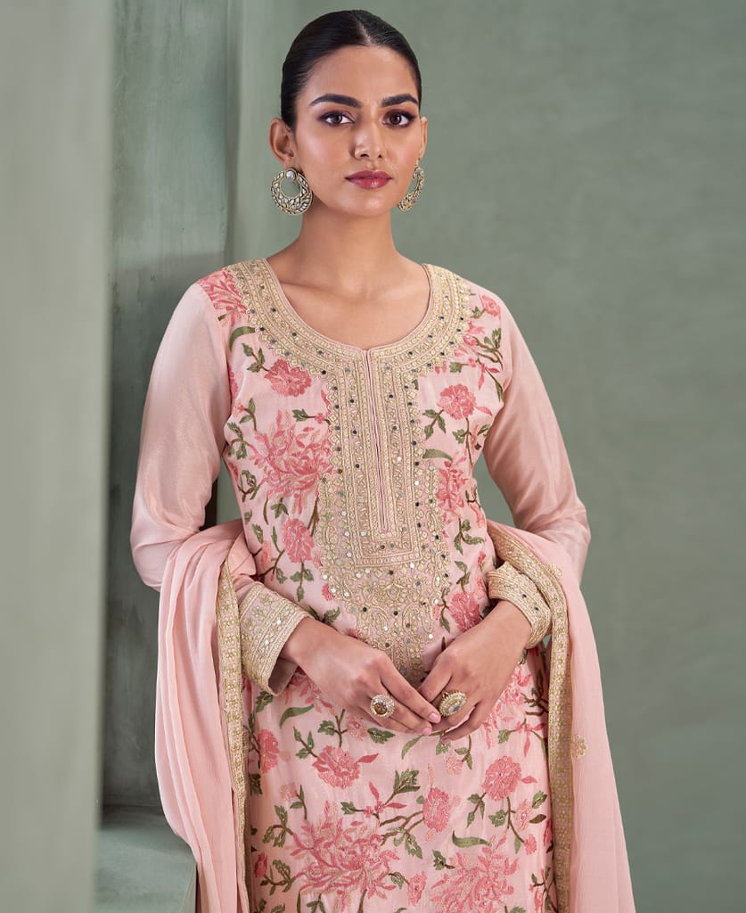 traditional wedding wear pink chinon long straight suit for women wear