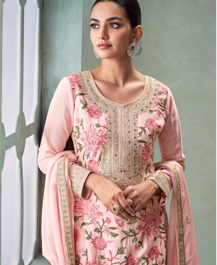 traditional wedding wear pink chinon long straight suit for women wear
