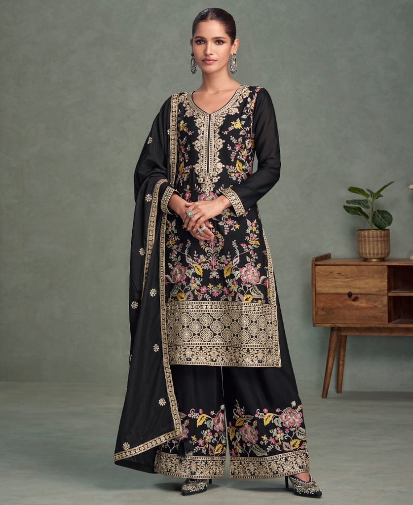traditional wedding wear black chinon long straight suit for women wear