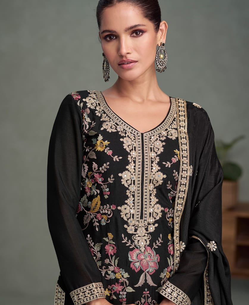traditional wedding wear black chinon long straight suit for women wear