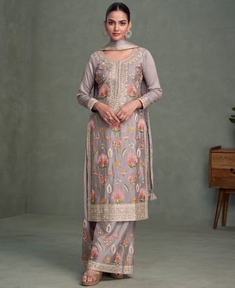 traditional wedding wear lilac chinon long straight suit for women wear