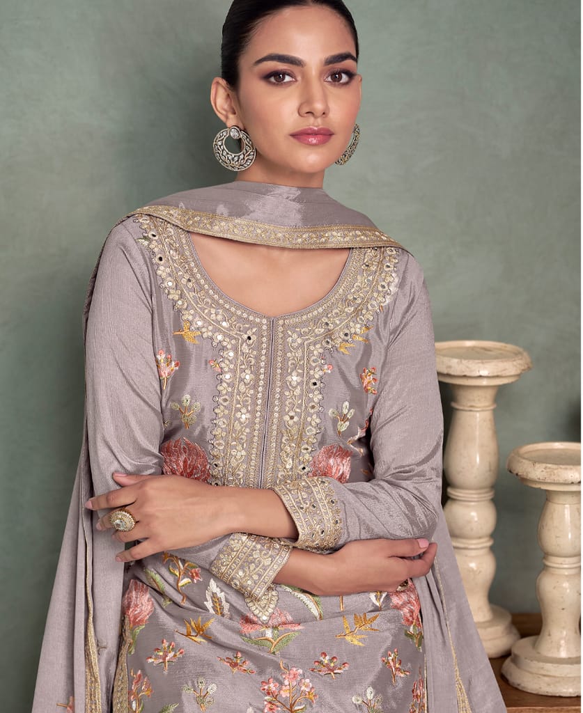 traditional wedding wear lilac chinon long straight suit for women wear