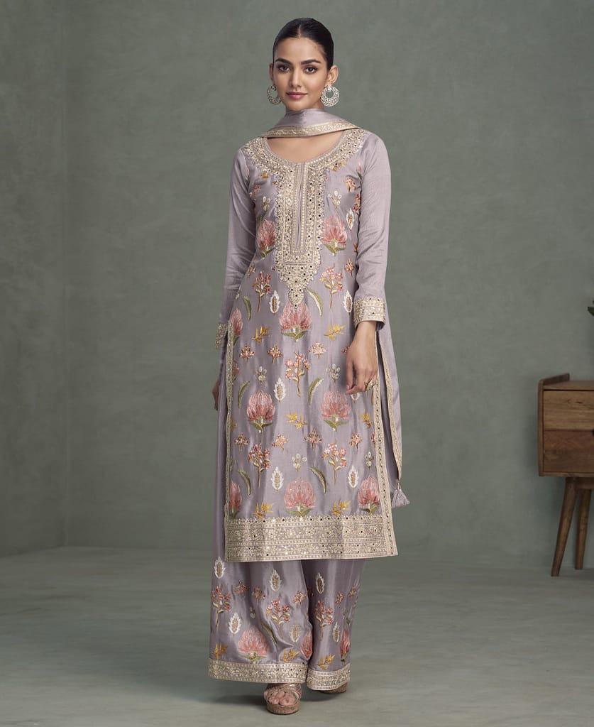 traditional wedding wear lilac chinon long straight suit for women wear