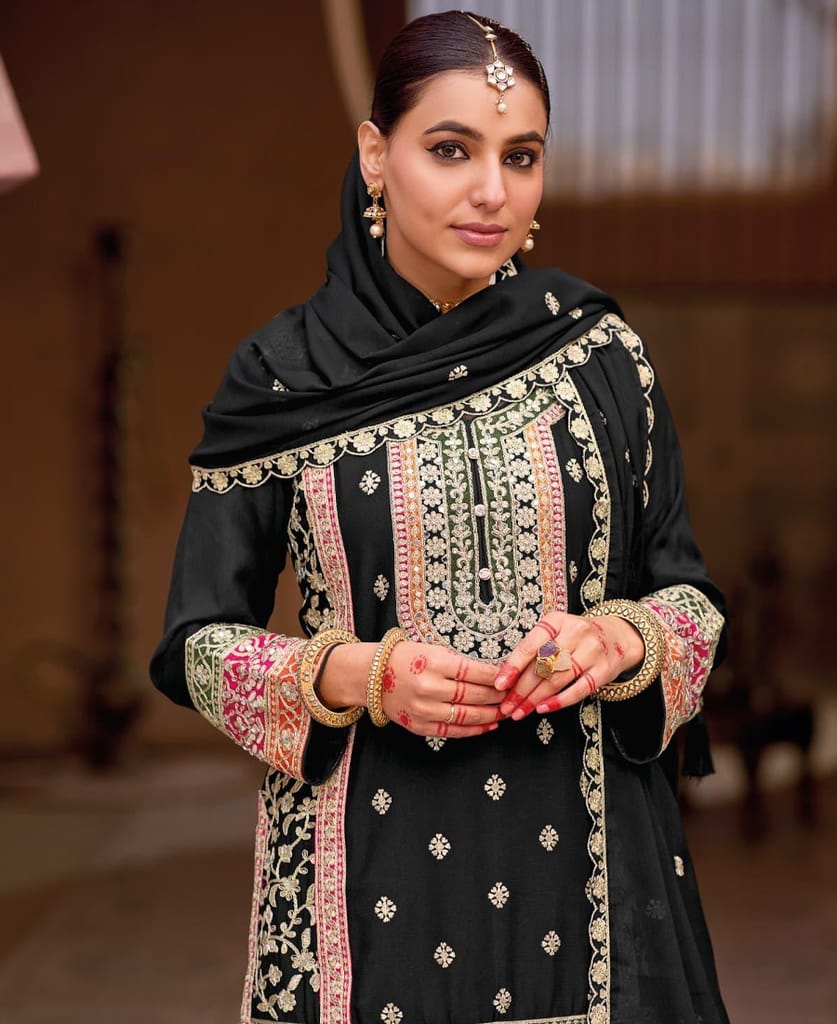 designer black heavy embroidered chinon sharara suit for women