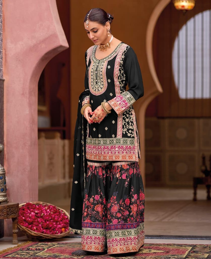 designer black heavy embroidered chinon sharara suit for women
