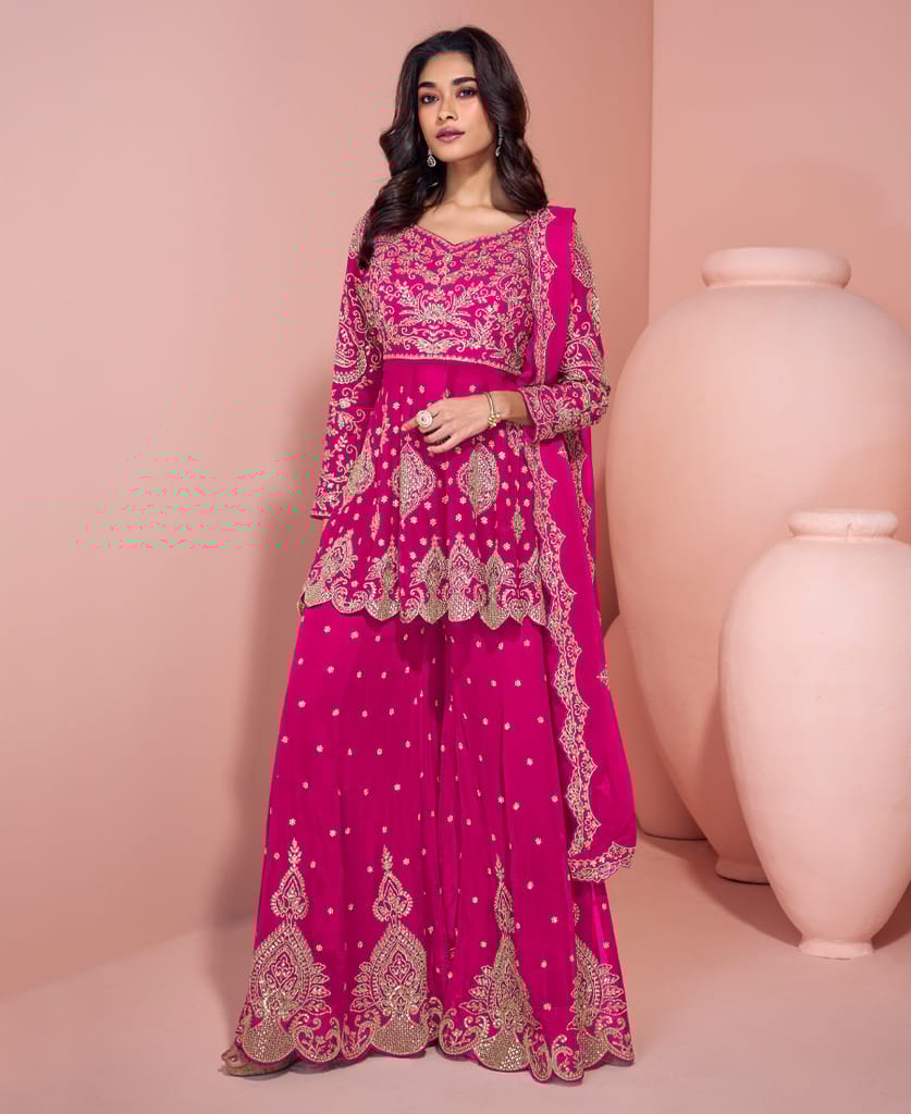 traditional georgette pink heavy embroidered sharara suit for women