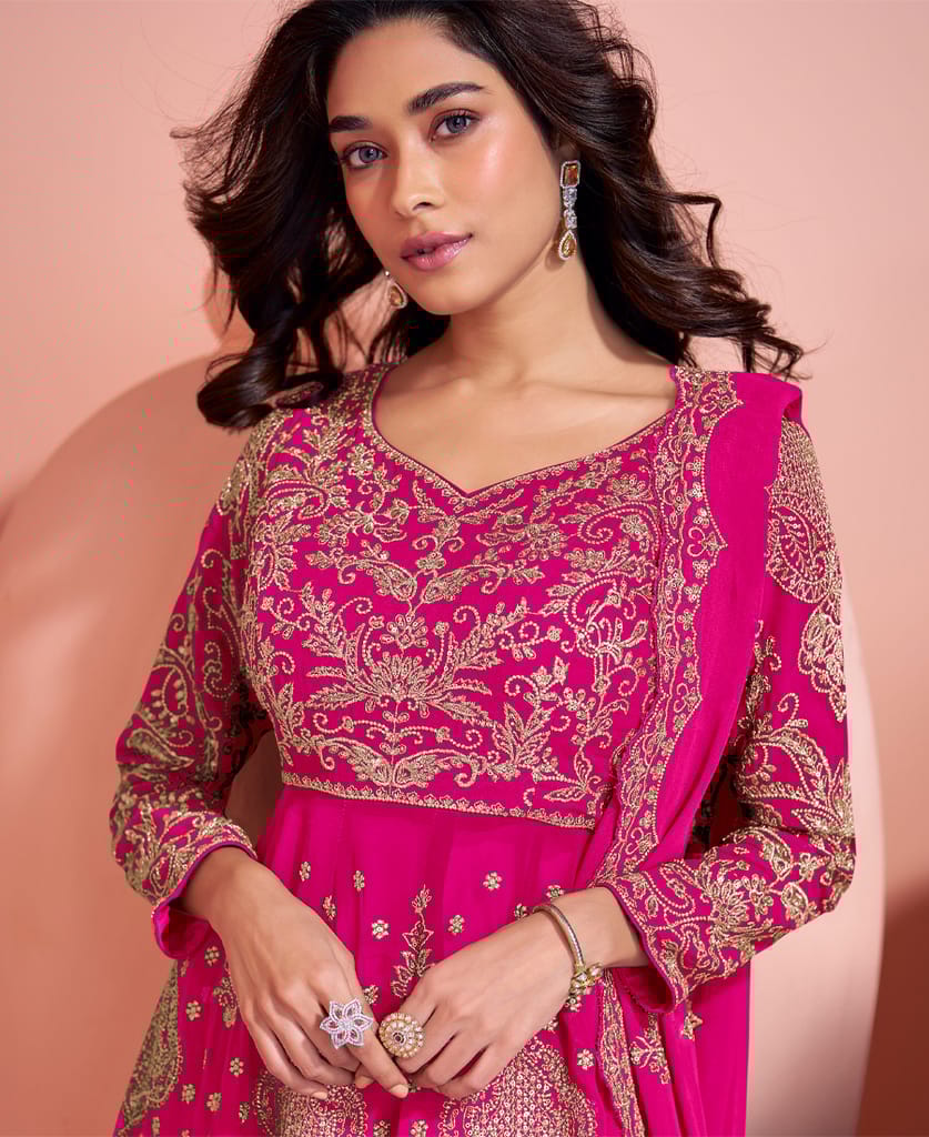 traditional georgette pink heavy embroidered sharara suit for women